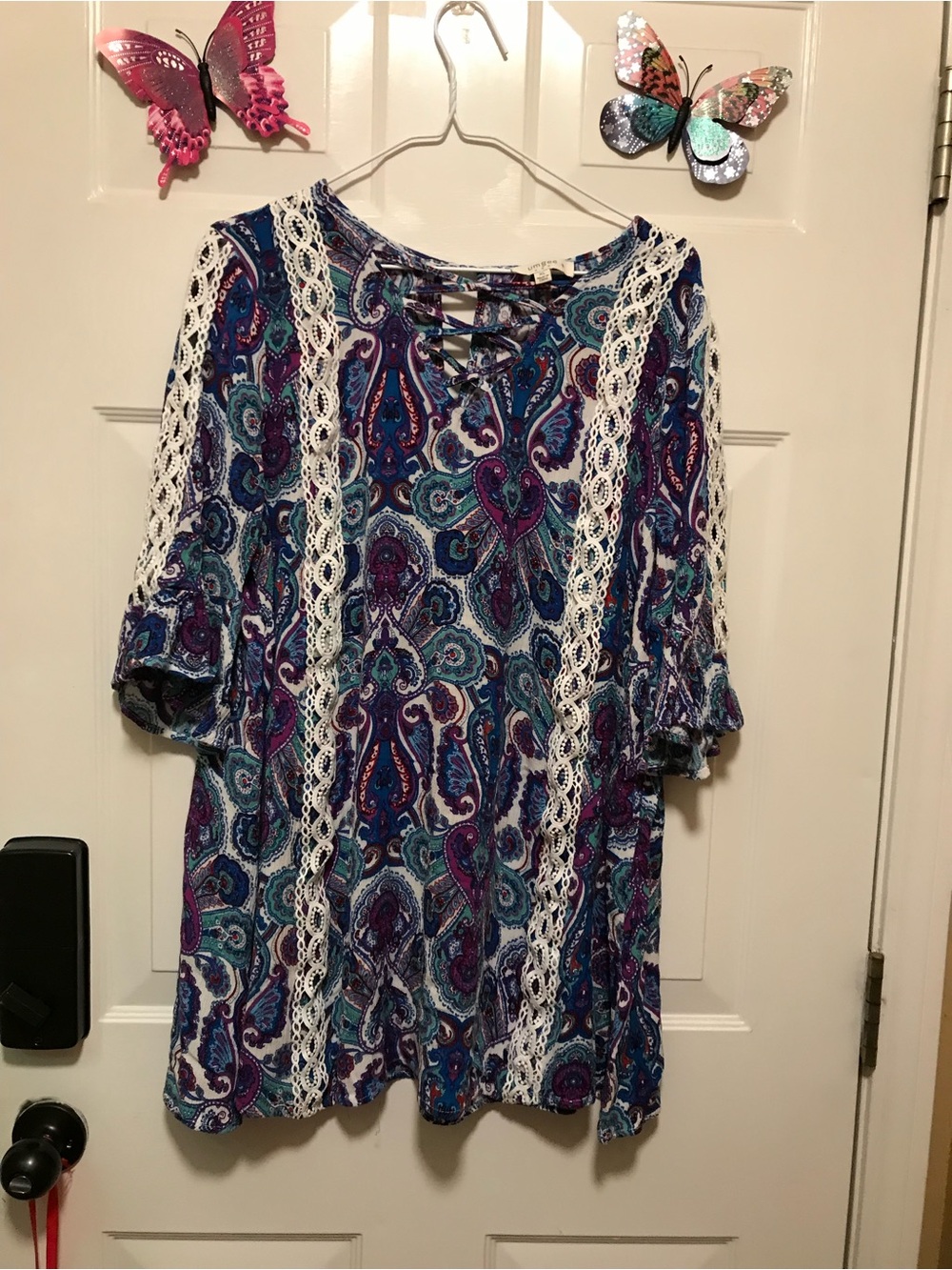 Umgee XL Tunic Lace-Trim Paisley Women's Top in Blue and Purple
